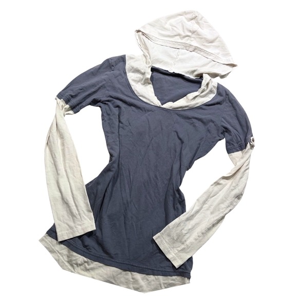 Tops - Y2K Workout Layered Look Long Sleeve Hoodie Slate Blue White V-Neck Jersey Top